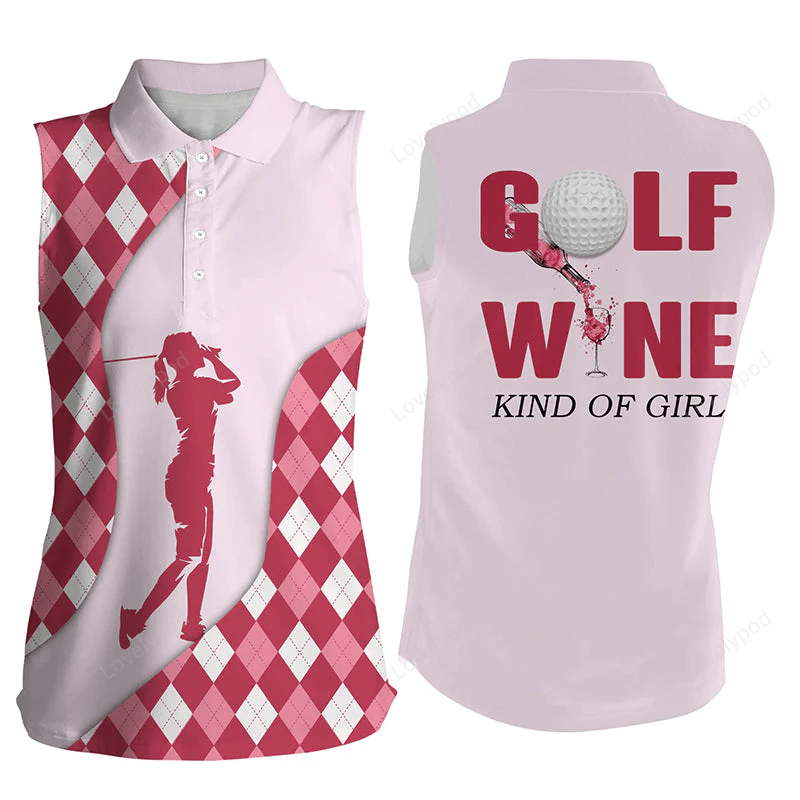 Sleeveless polo golf shirts for women, golf & wine kind of girl argyle plaid golf shirt for wine lovers GY0278