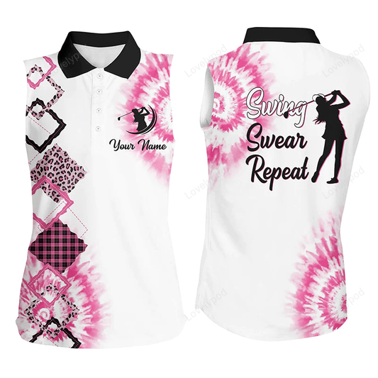 Women sleeveless polo shirt custom pink tie dye leopard swing swear repeat white golf shirt for women GY0202