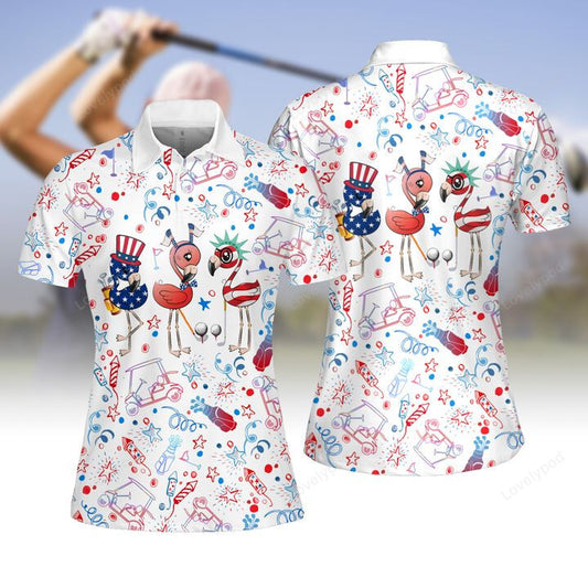 Flamingo independence day pattern women golf apparels, golf polo shirt for women GY0352