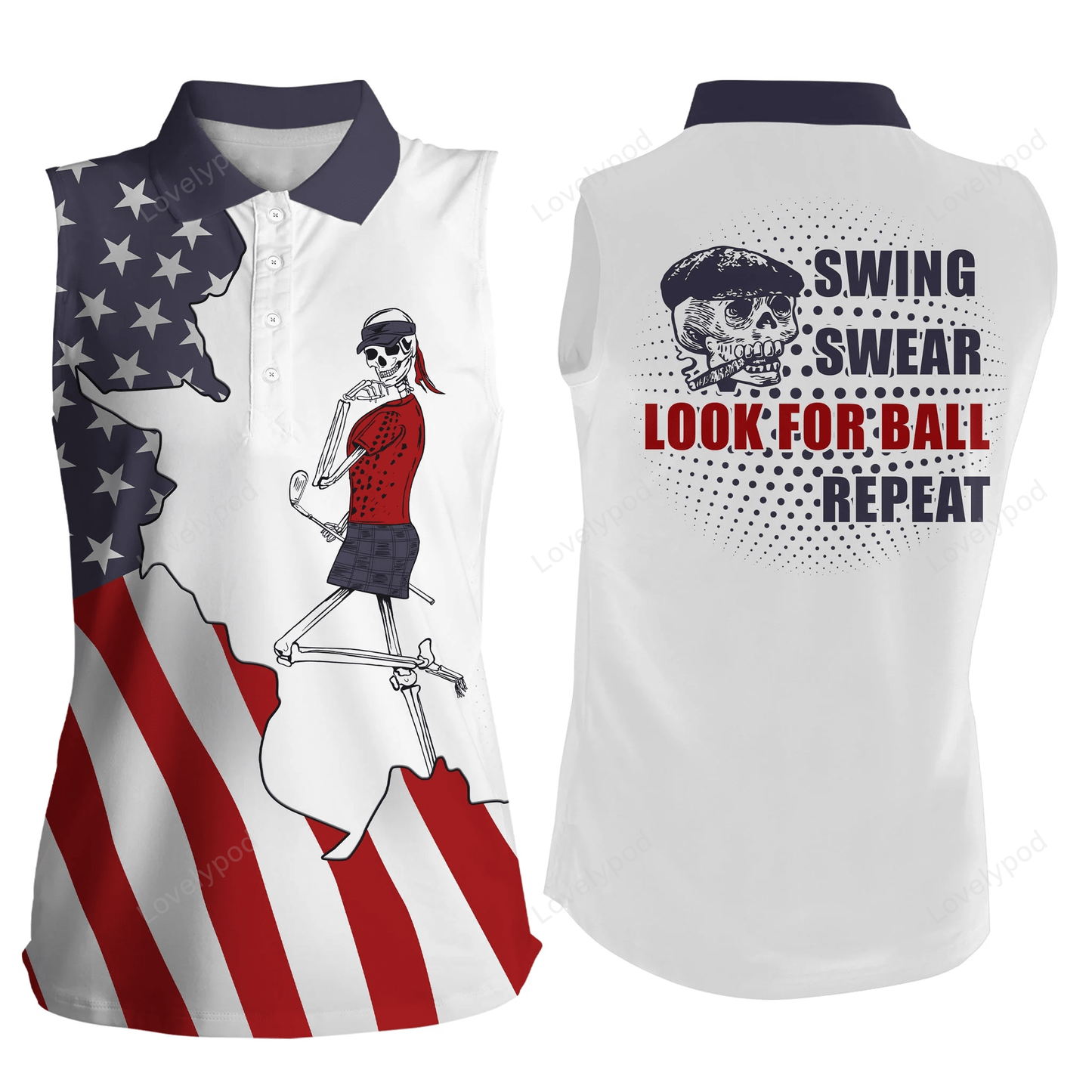 American flag patriotic womens sleeveless polo shirt golf skull swing swear look for ball repeat GY0308