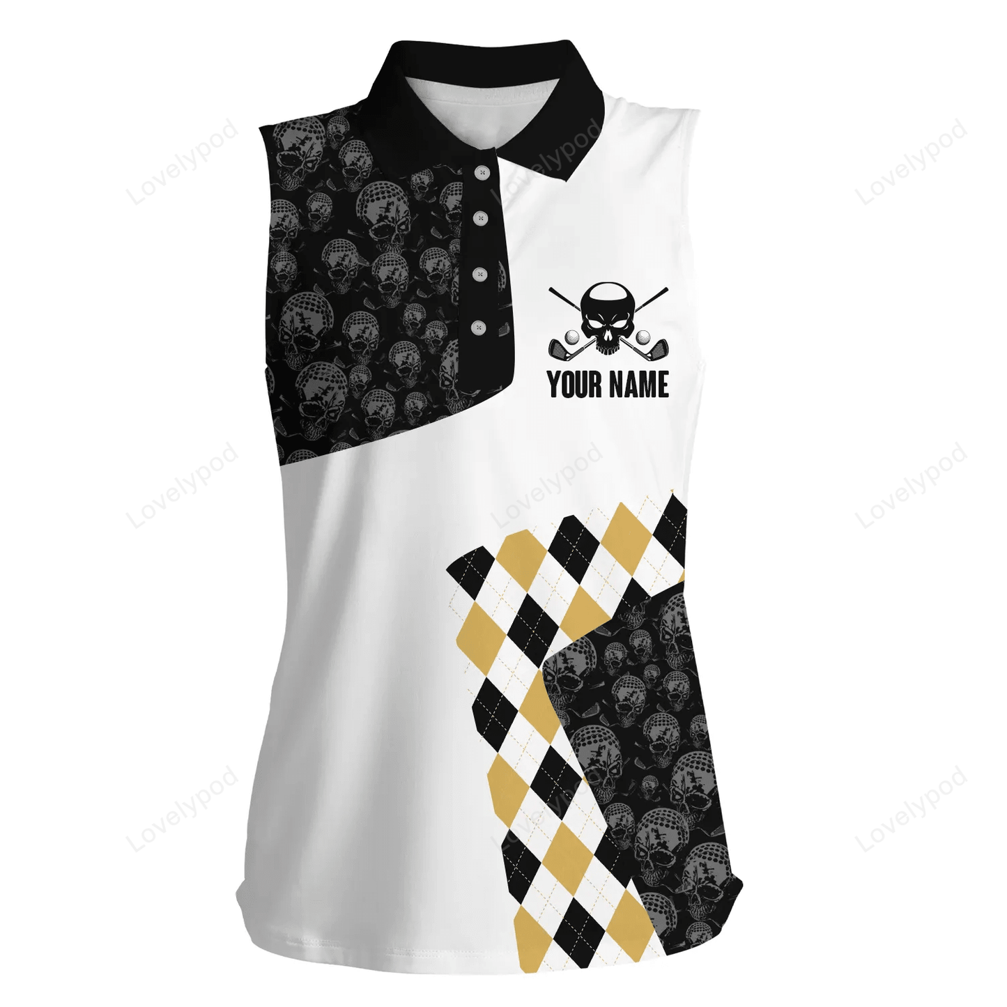 Womens sleeveless polo shirt custom golf skull argyle pattern golf tournament polo shirt, golf jerseys GY0377