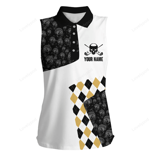 Womens sleeveless polo shirt custom golf skull argyle pattern golf tournament polo shirt, golf jerseys GY0377