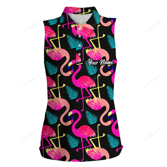 Women sleeveless polo shirt neon flamingos tropical pattern custom team flamingo golf shirts GY0364