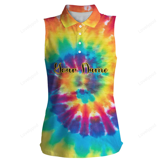 Womens sleeveless polo shirts with colorful tie dye background custom name golf shirt, golfing gift GY0345