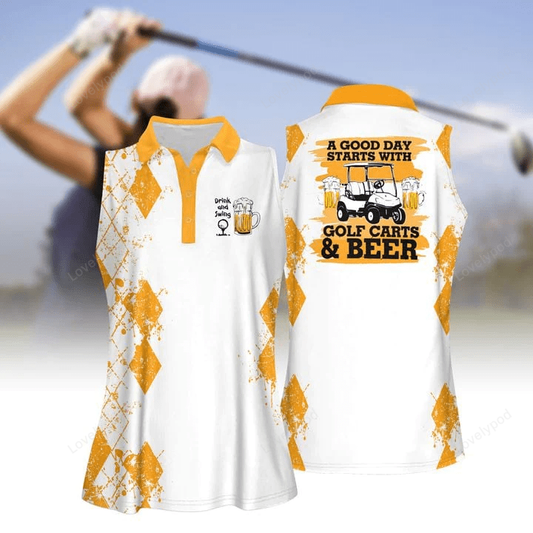 Good day starts with golf carts and beer short sleeve polo shirt, sleeveless polo shirt GY0343