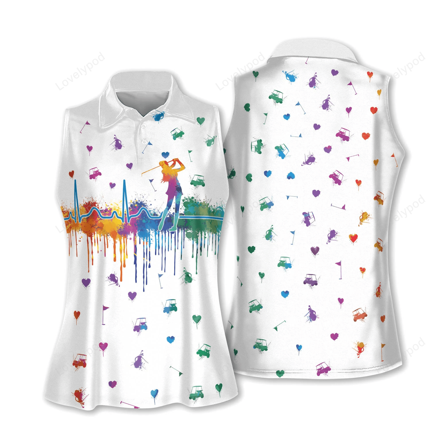 Watercolor golf heart beat v2 women short sleeve polo shirt, sleeveless polo shirt GY0314