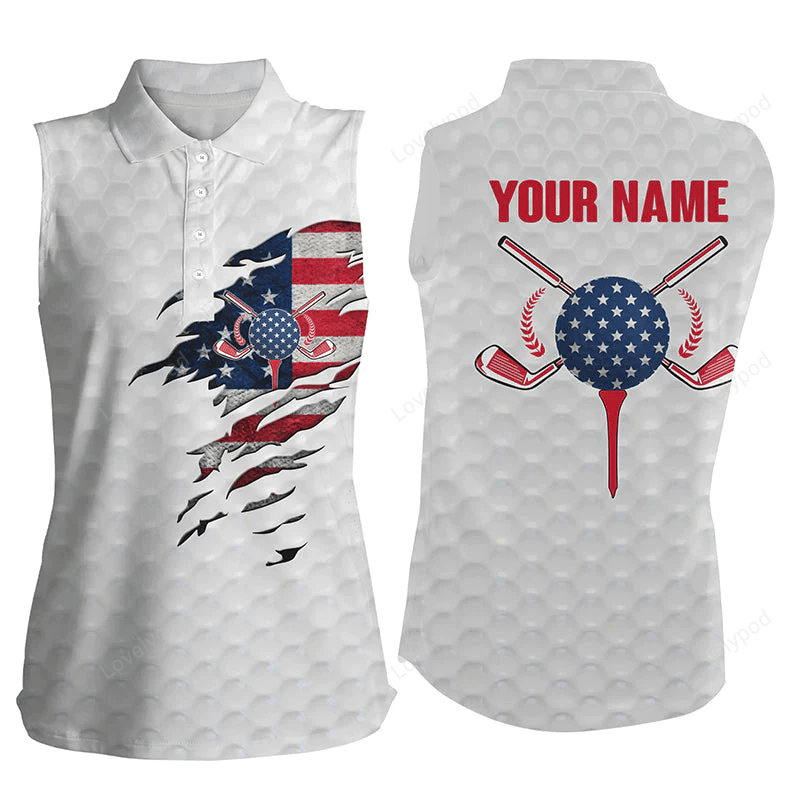 American flag white golf ball skin womens sleeveless polo shirt, custom ladies sleeveless golf shirt GY0170