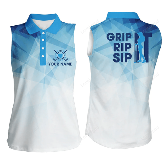 Funny women sleeveless polo shirt grip it rip it sip it, custom womens golf tanks GY0177