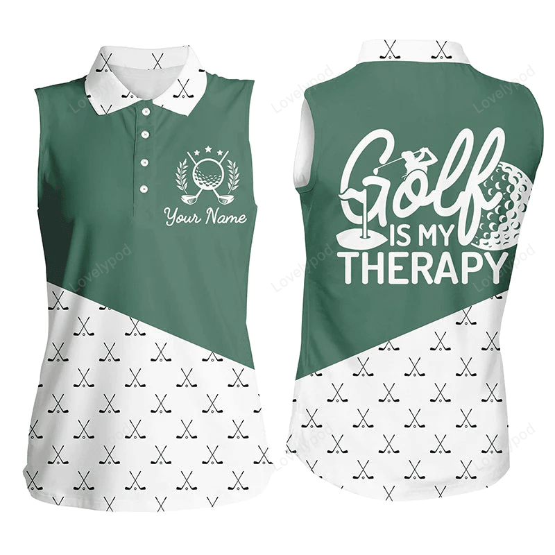 Golf is my therapy womens sleeveless polo shirt custom green golf clubs pattern golf shirts for women GY0176