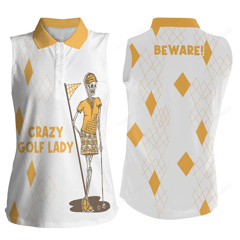 Funny womens sleeveless polo shirt golf skull crazy golf lady beware womens golf tops GY0172