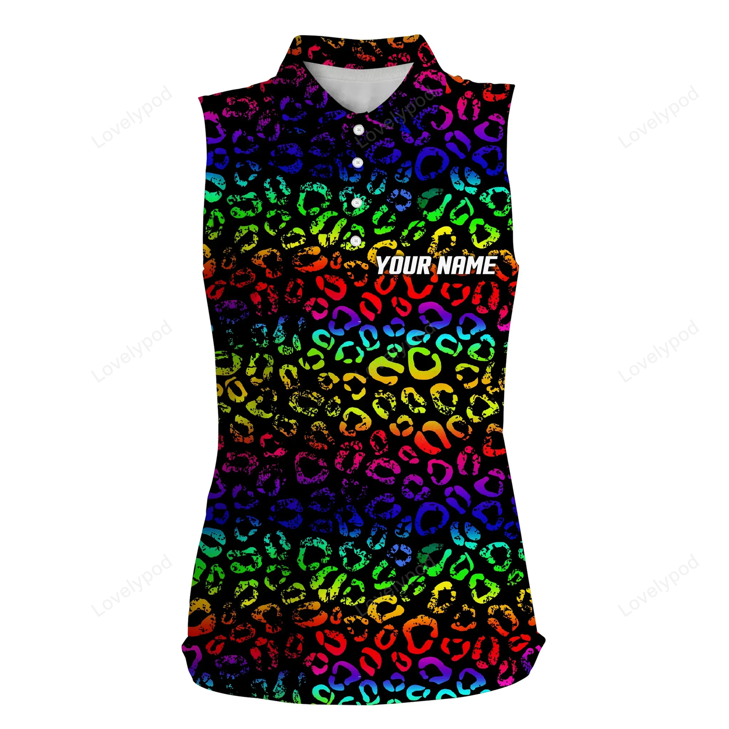 Colorful neon rainbow leopard womens sleeveless polo shirts, team golf shirt gift for golf lovers GY0373