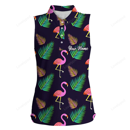 Women sleeveless polo shirt neon flamingos palm leaves pattern, custom team flamingo golf shirts GY0183