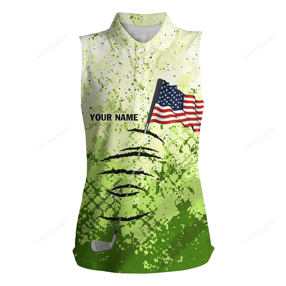 Personalized green camo sleeveless polo shirt for women american flag 4th july custom golfing gifts GY0153