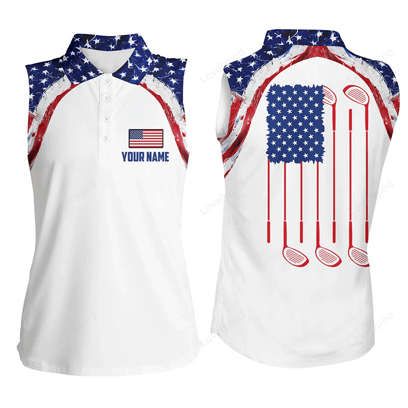 Watercolor american flag white womens sleeveless polo shirts, custom golf tops for ladies golf gift GY0028