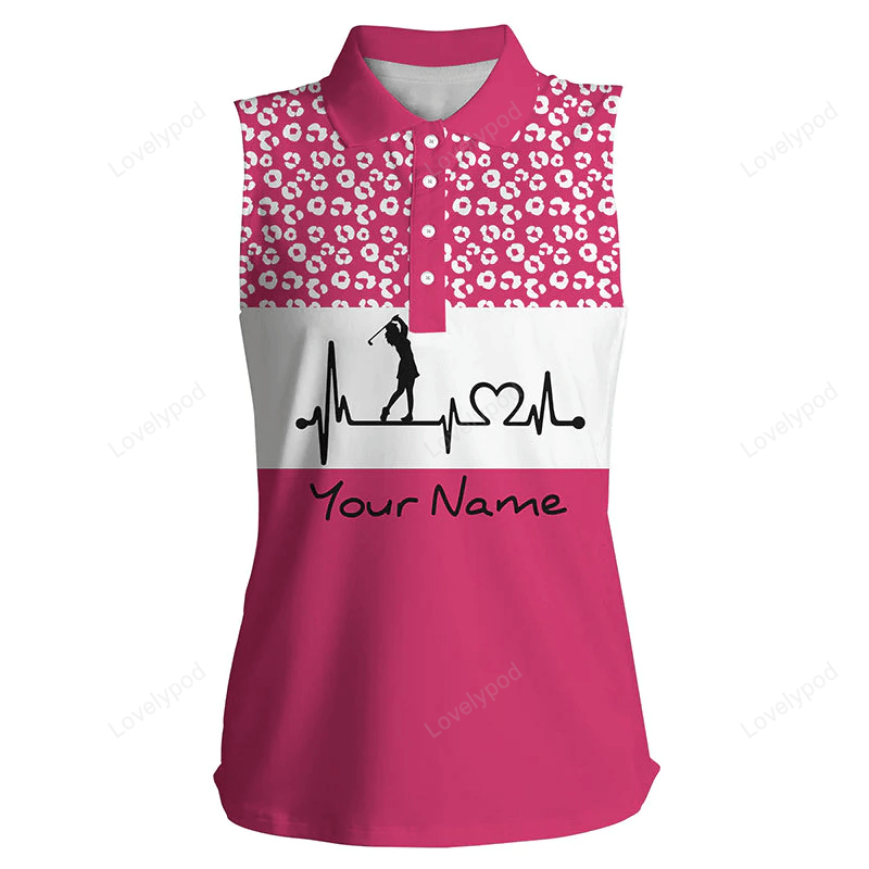 Women's sleeveless golf polo shirt golf heartbeat custom name leopard pattern golf shirt GY0154