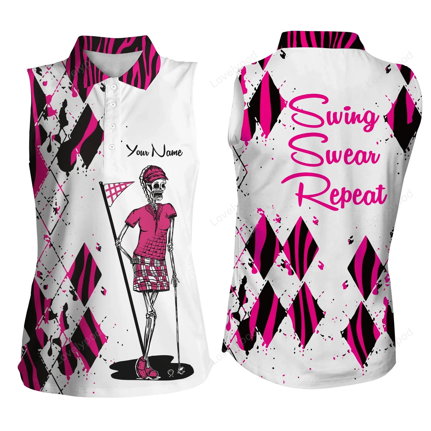 Cool women sleeveless polo shirts custom ladies golf skull pink zebra pattern golf shirt swing swear repeat GY0383