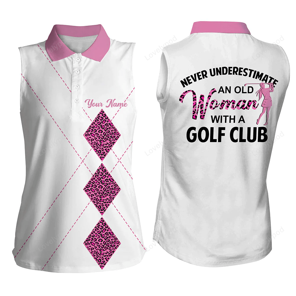 White pink leopard womens sleeveless polo shirt, custom never underestimate old women with a golf club GY0212