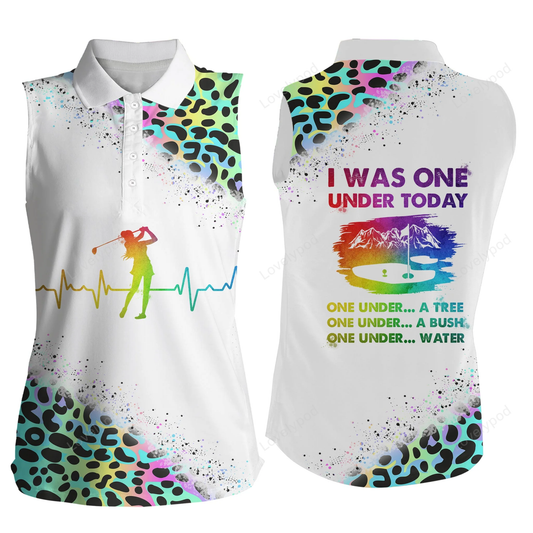 Funny golf shirts for women, i was one under today neon rainbow leopard women sleeveless polo shirts GY0207