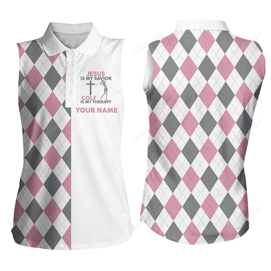 Women sleeveless polo shirt jesus is my savior golf is my therapy custom pink argyle ladies golf tops GY0191