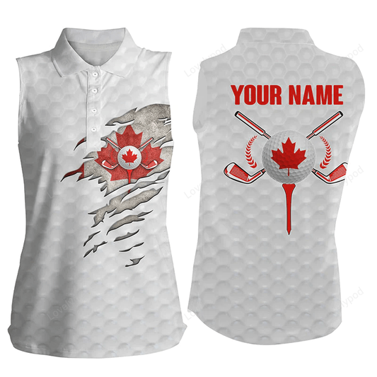 Canadian flag white golf ball skin womens sleeveless polo shirt, custom ladies sleeveless golf shirt GY0218