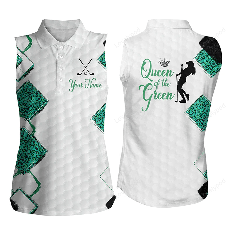 Women's sleeveless golf polo shirt queen of the green custom funny white and green leopard golf shirt GY0192