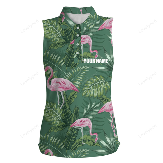 Women sleeveless polo shirt green tropical plants monstera flamingo golf shirts custom women golf top GY0239