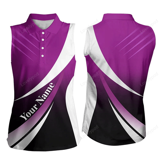 Women sleeveless polo shirt custom name light purple white golf shirt, sleeveless golf tops for ladies GY0286