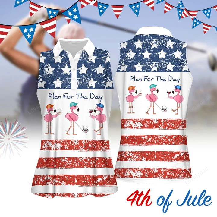 Plan for the day drink wine flamingo american flag women golf apparels, women short sleeve polo shirt, sleeveless polo shirt GY0285