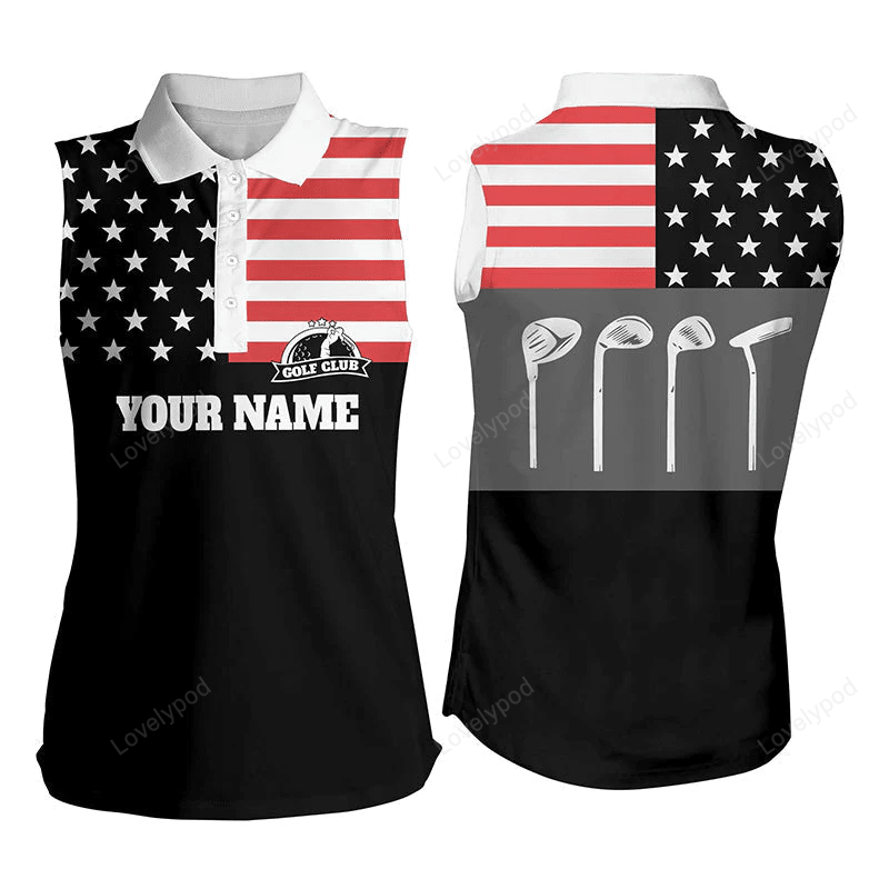 Womens sleeveless polo shirts golf club american flag patriot golf custom name black golf shirt GY0270