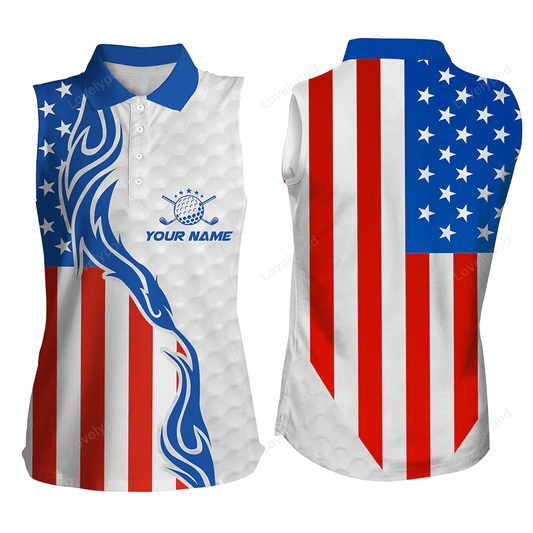 Red, white, and blue american flag womens sleeveless polo shirts, custom patriotic golf shirt for women GY0252