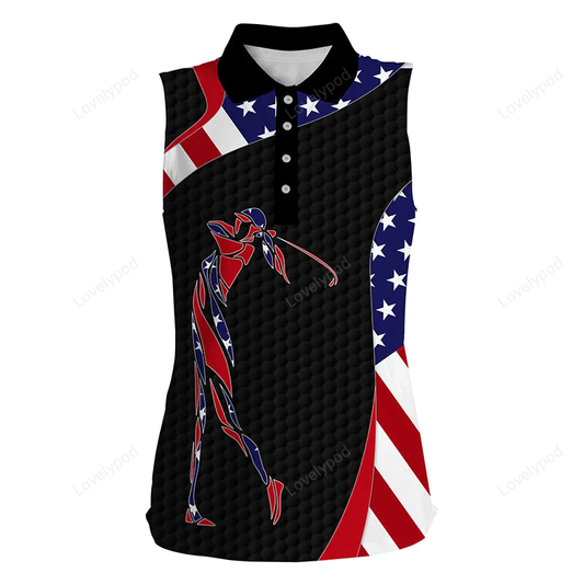 American flag patriot golf black womens sleeveless polo shirts - golf gifts for women GY0303