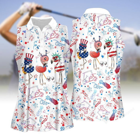 Flamingo independence day pattern women golf apparels, golf sleeveless polo shirt for women GY0337