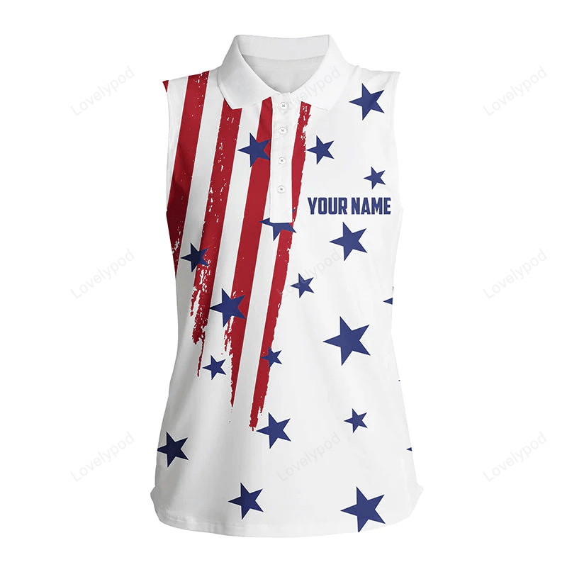 Personalized white sleeveless polo shirt for women american flag 4th july custom ladies golf tops GY0162