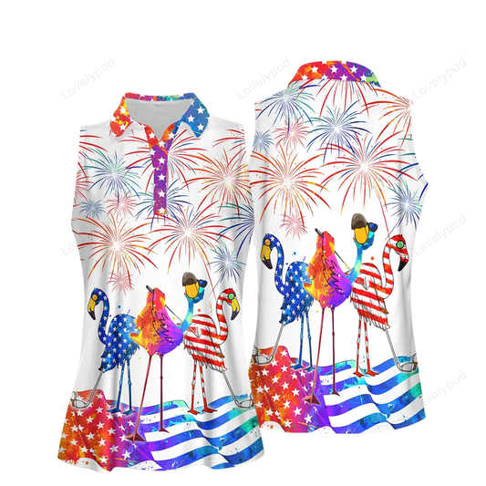 Water color 4th of july patriotic funny flamingo golf women short sleeve polo shirt, women’s jersey polo shirt GY0035