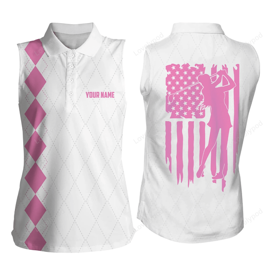 Womens sleeveless polo shirt pink american flag patriotic golf shirts custom name golf gifts GY0158