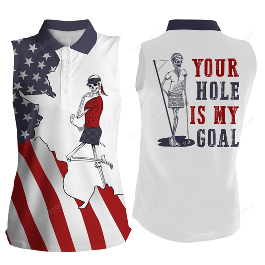 American flag patriotic womens sleeveless polo shirt, funny golf skull your hole is my goal golf gifts GY0186