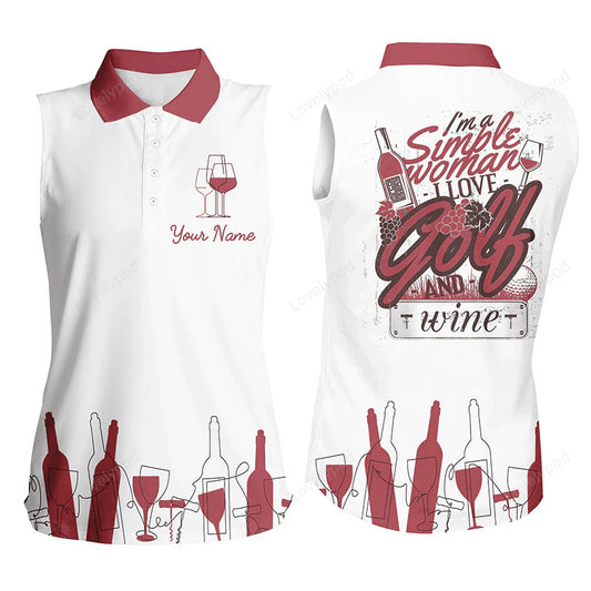 Funny pink womens sleeveless polo shirt custom name i'm a simple woman i love golf and wine GY0173