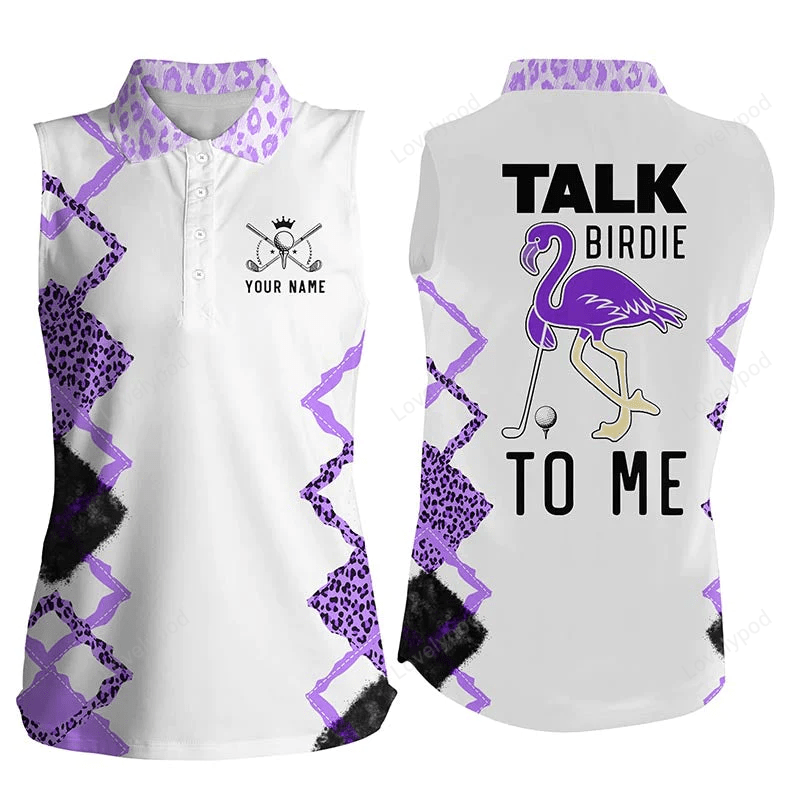 Funny purple leopard womens sleeveless polo shirts talk birdie to me custom purple flamingo golf shirt GY0256