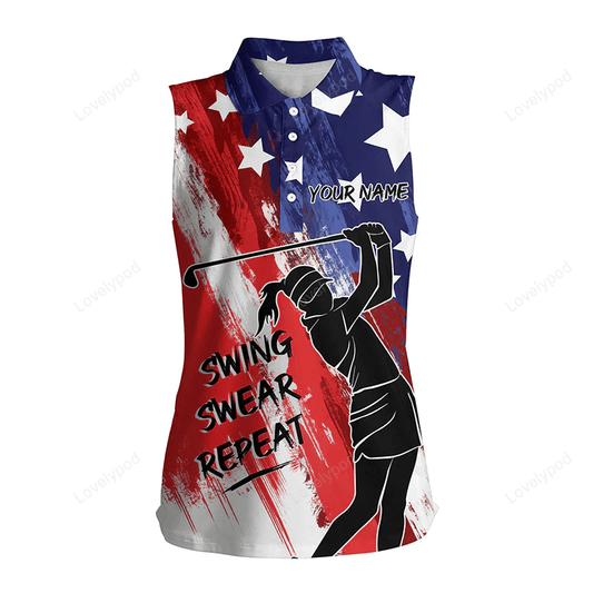 Red, white and blue american flag sleeveless polo shirt custom swing swear repeat patriotic golf shirt GY0247