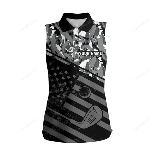 Womens sleeveless polo shirt black american flag patriotic gray camo polo custom name golfing gifts GY0245