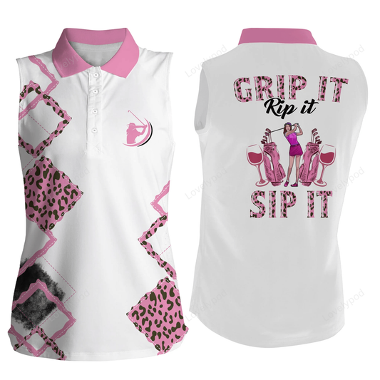 Pink leopard women sleeveless polo shirt grip it rip it sip it, womens golf tanks golf tops for ladies GY0187