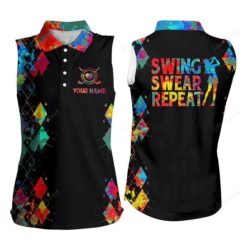 Women's sleeveless golf polo shirt custom watercolor swing swear repeat black golf shirt GY0179