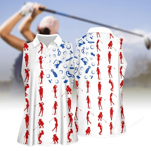 Golf silhouette american flag patriotic 4th of july women short sleeve polo shirt, sleeveless polo shirt GY0268