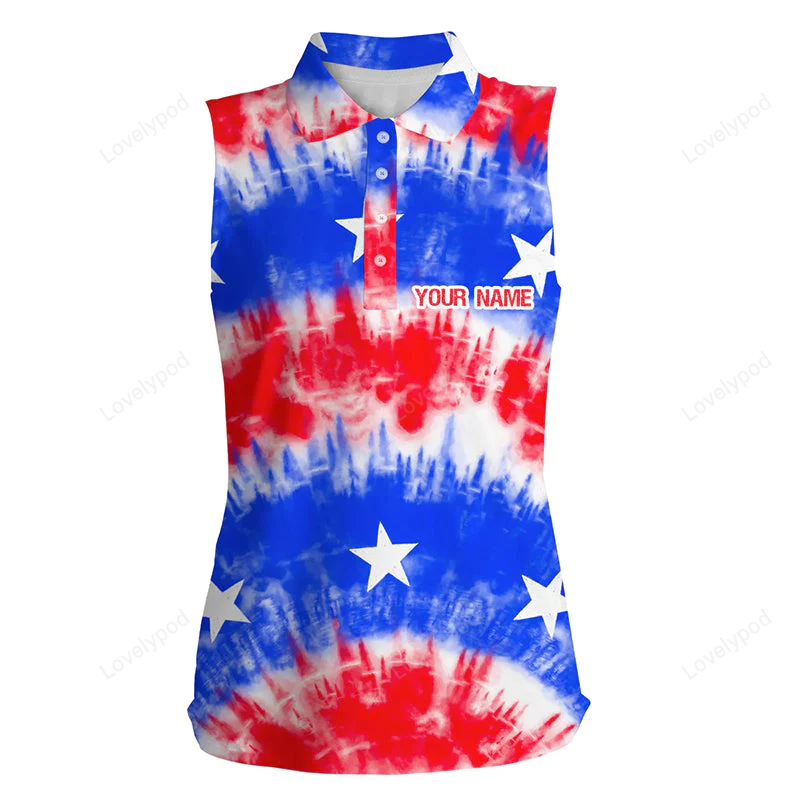 Red, white and blue tie dye american flag womens sleeveless polo shirts custom team golf shirts ladies GY0372