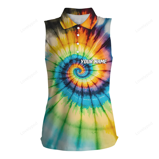 Womens sleeveless polo shirts with colorful swirl tie dye background, custom team golf shirts ladies GY0271