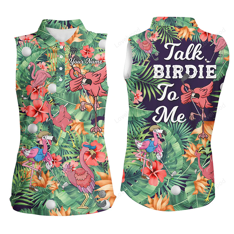 Funny women sleeveless polo shirt custom green tropical flower flamingo golf shirts talk birdie to me GY0040