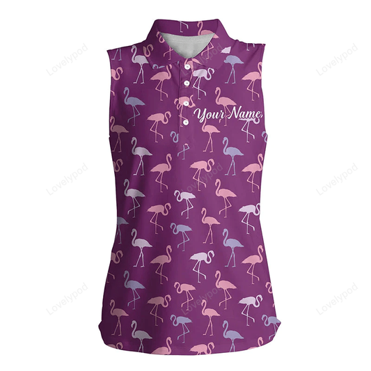 Womens sleeveless polo shirt purple flamingos birds pattern tropical custom name team golf polo shirts GY0333