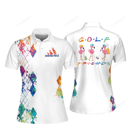 Watercolor flamingo golf friends argyle women short sleeve polo shirt, sleeveless polo shirt GY0324