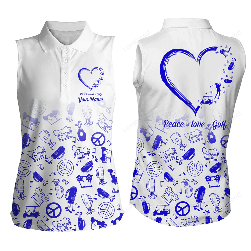 Womens sleeveless polo shirts custom blue heart peace love golf, personalized golf shirts for women GY0382