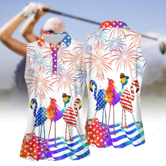 Water color 4th of july patriotic funny flamingo golf women short sleeve polo shirt sleeveless polo shirt, independence shirt GY0048